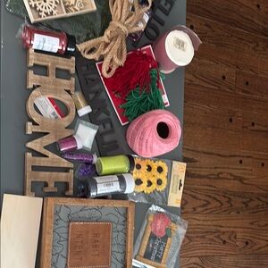 Huge craft lot including glitter and wood projects wood ornaments thread & sign